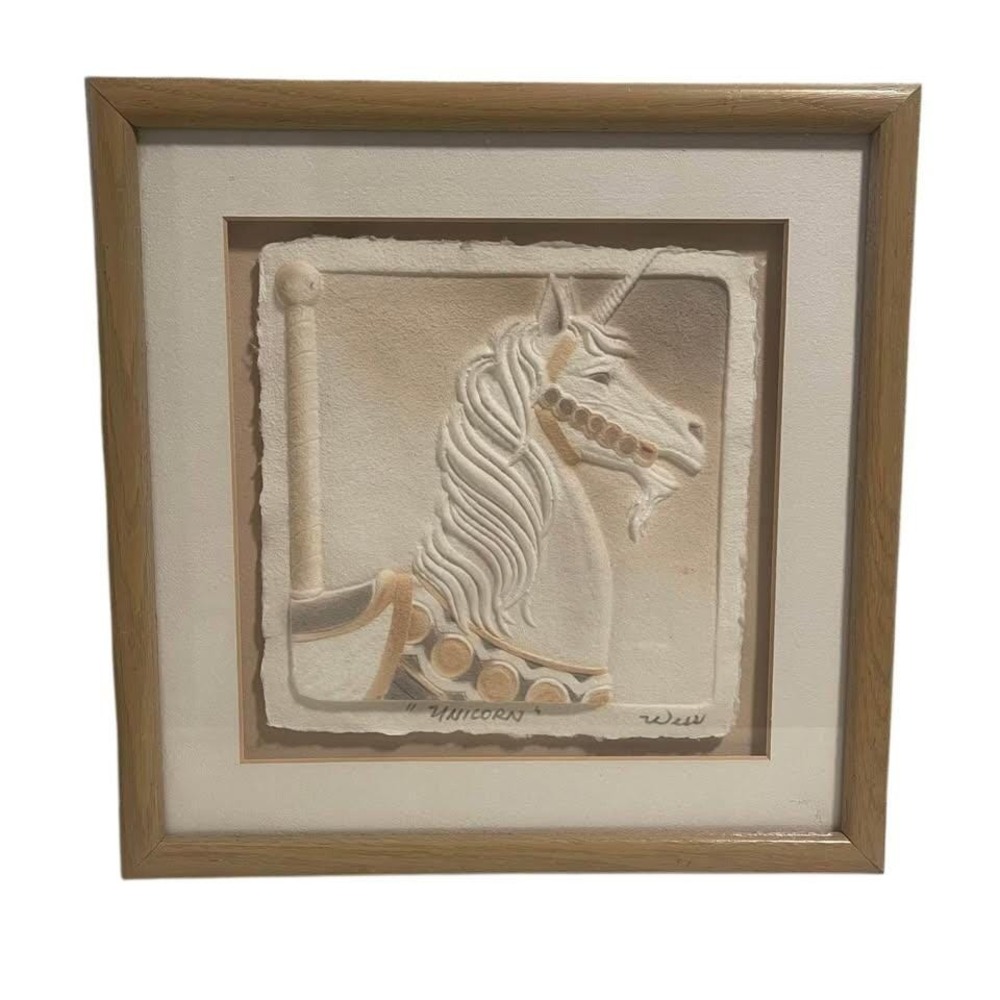 W Sell Unicorn Cast Paper Sculpture Framed Relief Art Carousel Fantasy 10x10